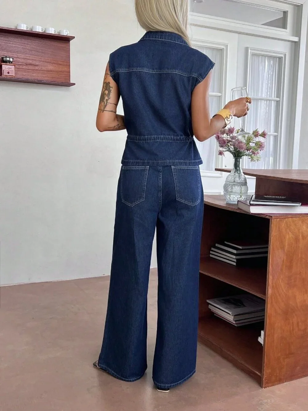 Blue Casual Women's Drawstring Waist Sleeveless Top And Jeans Pants Set